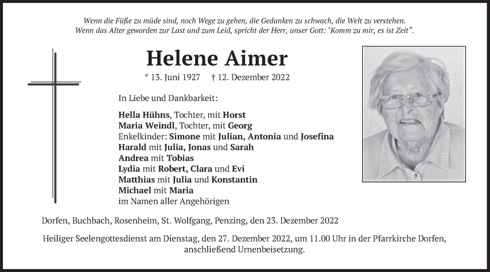  Traueranzeige für Helene Aimer vom 23.12.2022 aus merkurtz