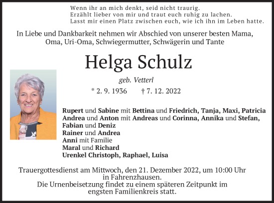 Traueranzeige von Helga Schulz von merkurtz