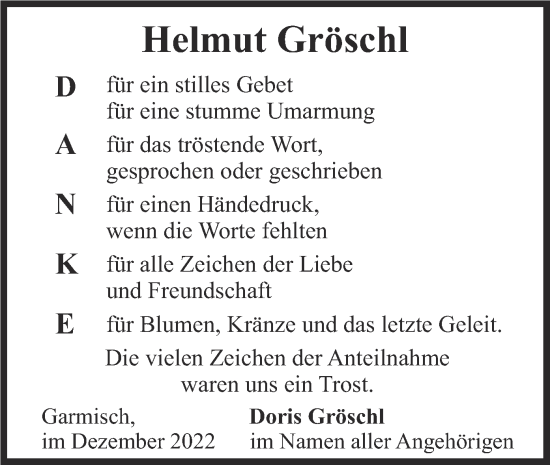 Traueranzeige von Helmut Gröschl von merkurtz