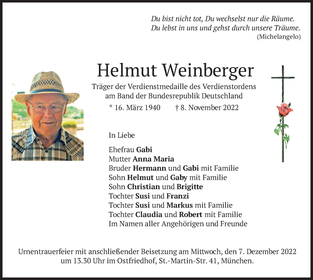  Traueranzeige für Helmut Weinberger vom 03.12.2022 aus merkurtz