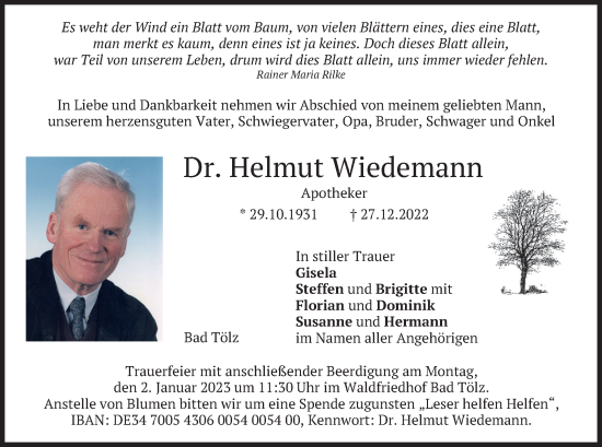 Traueranzeige von Helmut Wiedemann von merkurtz