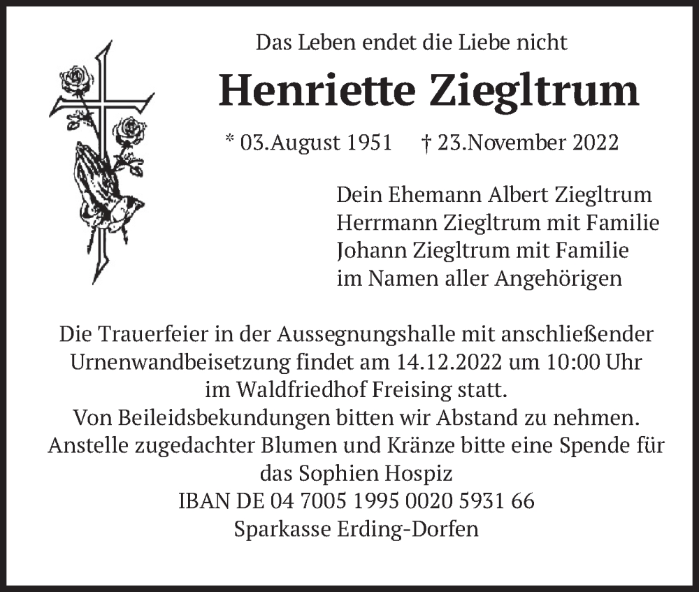  Traueranzeige für Henriette Ziegltrum vom 10.12.2022 aus merkurtz