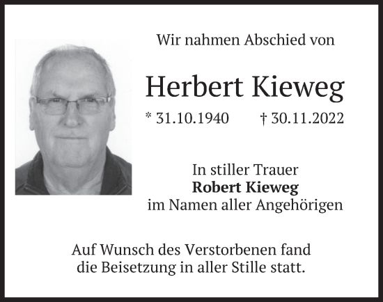 Traueranzeige von Herbert Kieweg von merkurtz
