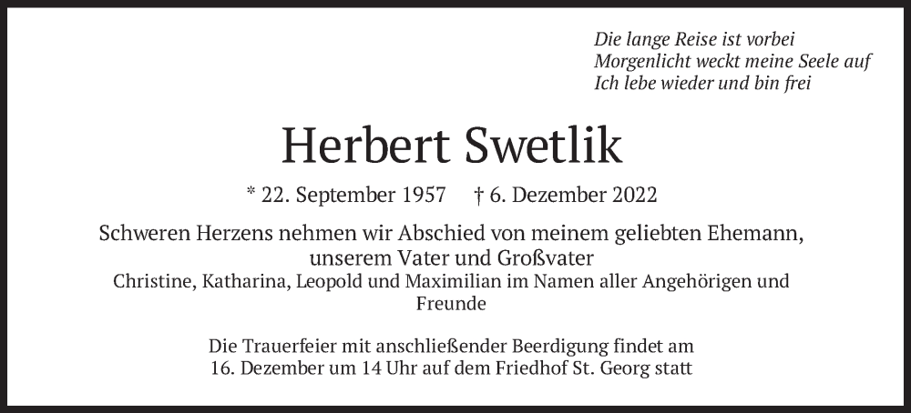  Traueranzeige für Herbert Swetlik vom 10.12.2022 aus merkurtz