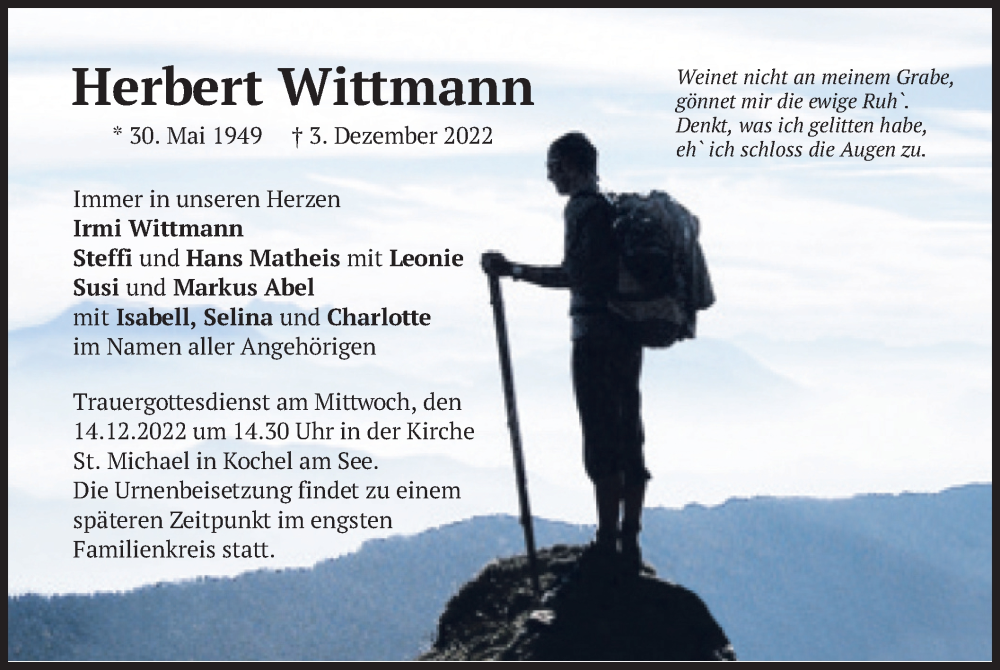  Traueranzeige für Herbert Wittmann vom 10.12.2022 aus merkurtz