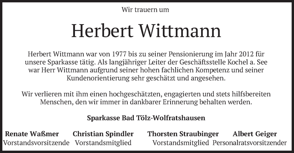  Traueranzeige für Herbert Wittmann vom 13.12.2022 aus merkurtz