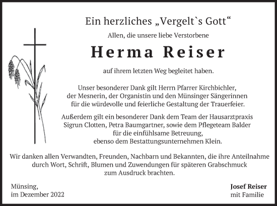Traueranzeige von Herma Reiser von merkurtz