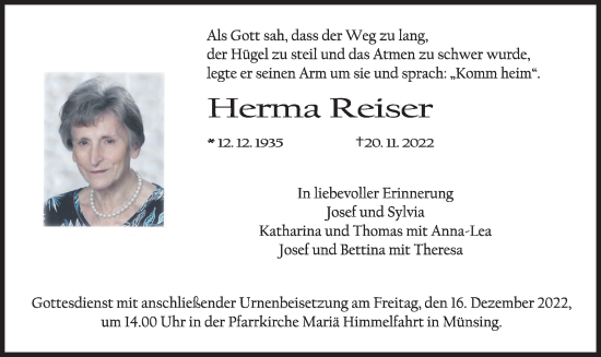 Traueranzeige von Herma Reiser von merkurtz