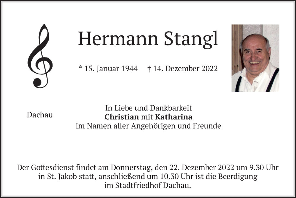  Traueranzeige für Hermann Stangl vom 17.12.2022 aus merkurtz