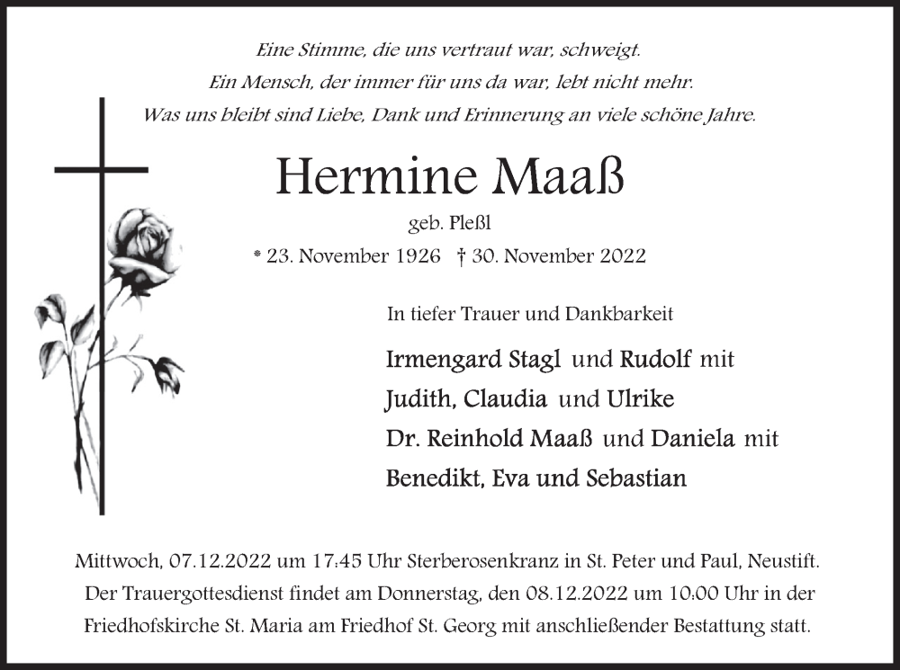  Traueranzeige für Hermine Maaß vom 03.12.2022 aus merkurtz