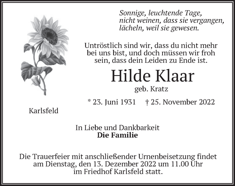  Traueranzeige für Hilde Klaar vom 10.12.2022 aus merkurtz
