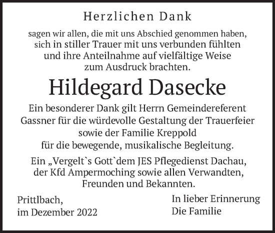 Traueranzeige von Hildegard Dasecke von merkurtz