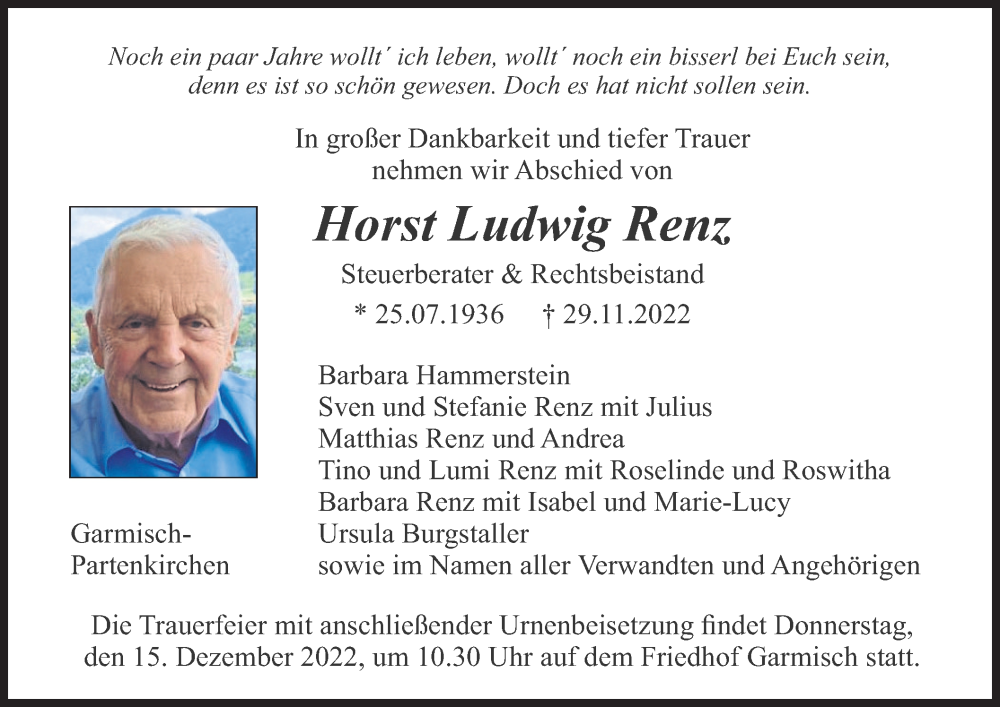  Traueranzeige für Horst Ludwig Renz vom 10.12.2022 aus merkurtz