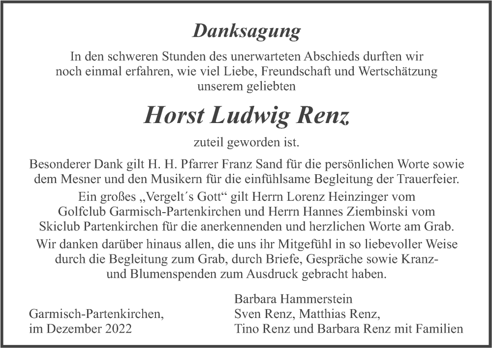  Traueranzeige für Horst Ludwig Renz vom 31.12.2022 aus merkurtz