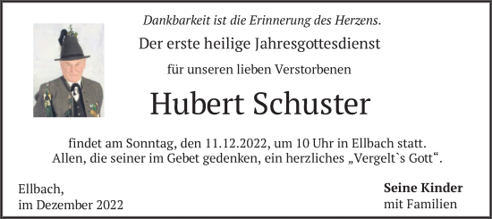Traueranzeige von Hubert Schuster von merkurtz