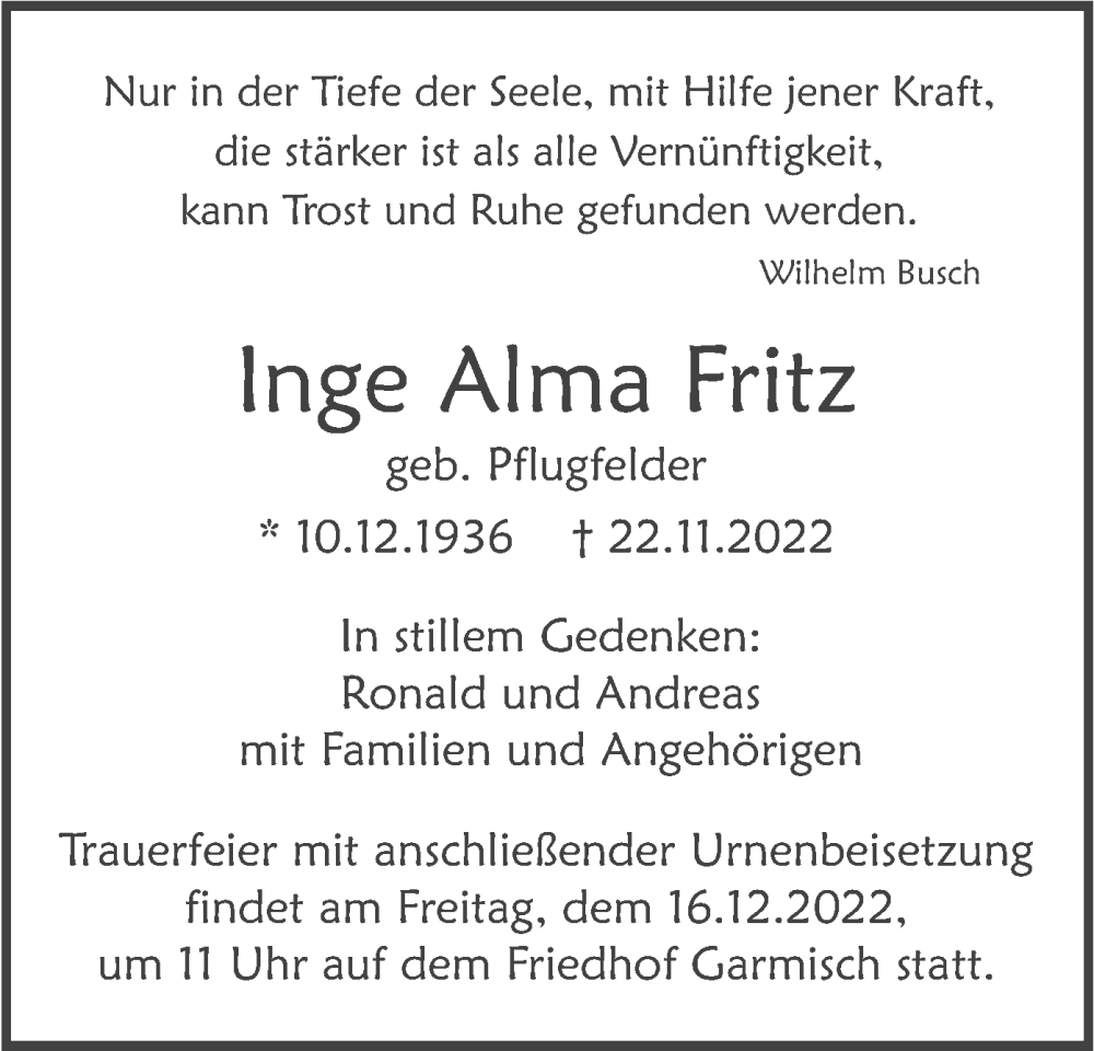  Traueranzeige für Inge Alma Fritz vom 10.12.2022 aus merkurtz