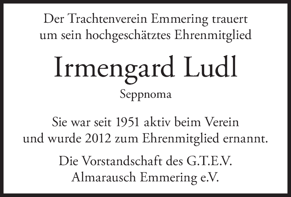  Traueranzeige für Irmengard Ludl vom 29.12.2022 aus merkurtz