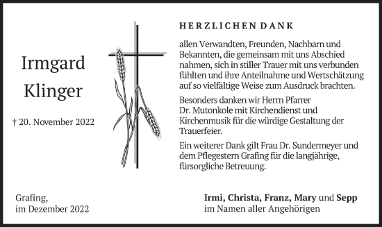 Traueranzeige von Irmgard Klinger von merkurtz