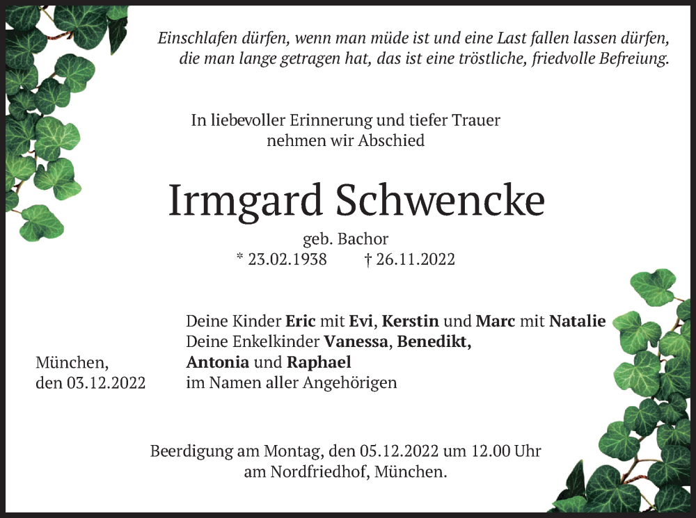  Traueranzeige für Irmgard Schwencke vom 03.12.2022 aus merkurtz
