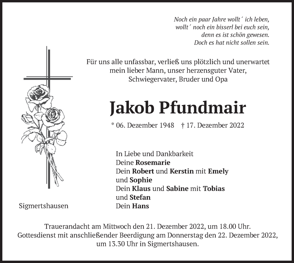  Traueranzeige für Jakob Pfundmair vom 19.12.2022 aus merkurtz