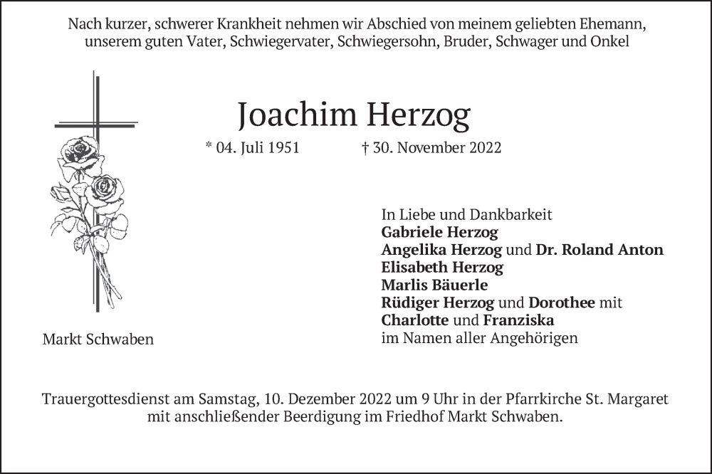  Traueranzeige für Joachim Herzog vom 03.12.2022 aus merkurtz