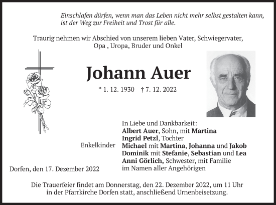 Traueranzeige von Johann Auer von merkurtz