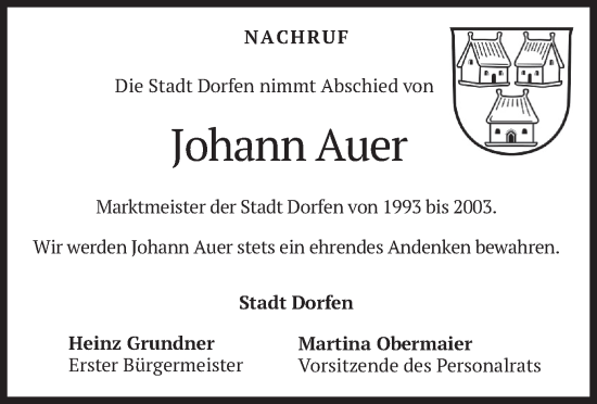 Traueranzeige von Johann Auer von merkurtz