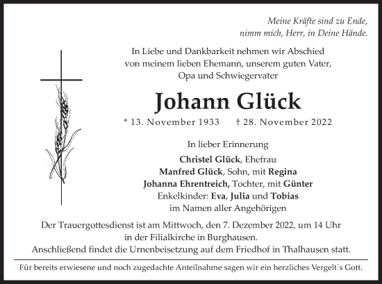 Traueranzeige von Johann Glück von merkurtz