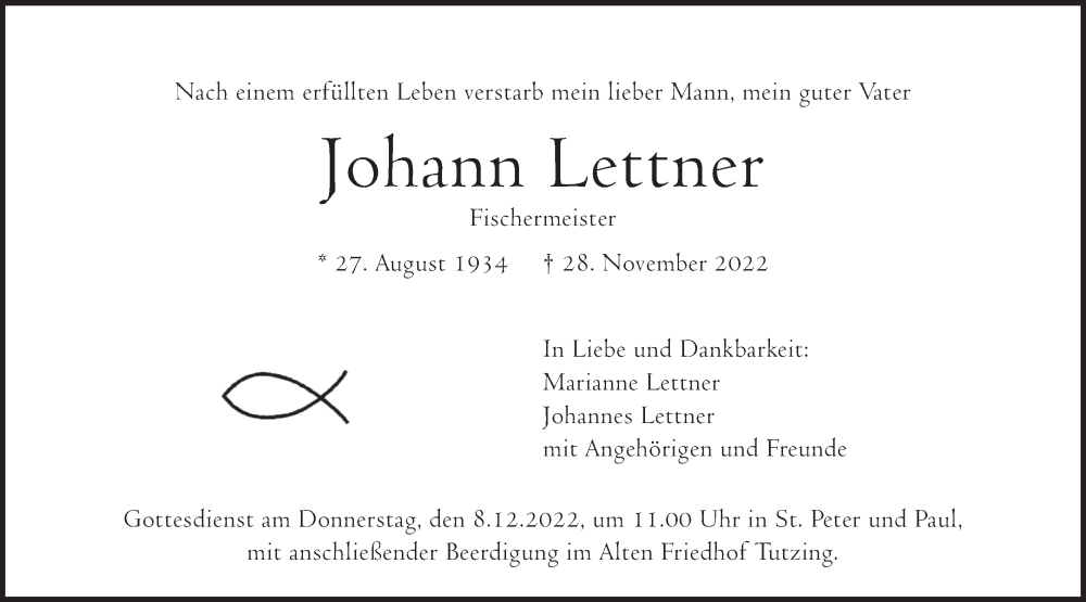 Traueranzeige für Johann Lettner vom 03.12.2022 aus merkurtz