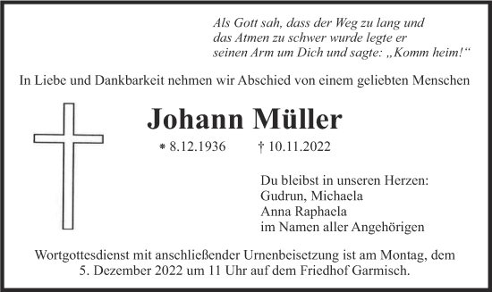 Traueranzeige von Johann Müller von merkurtz