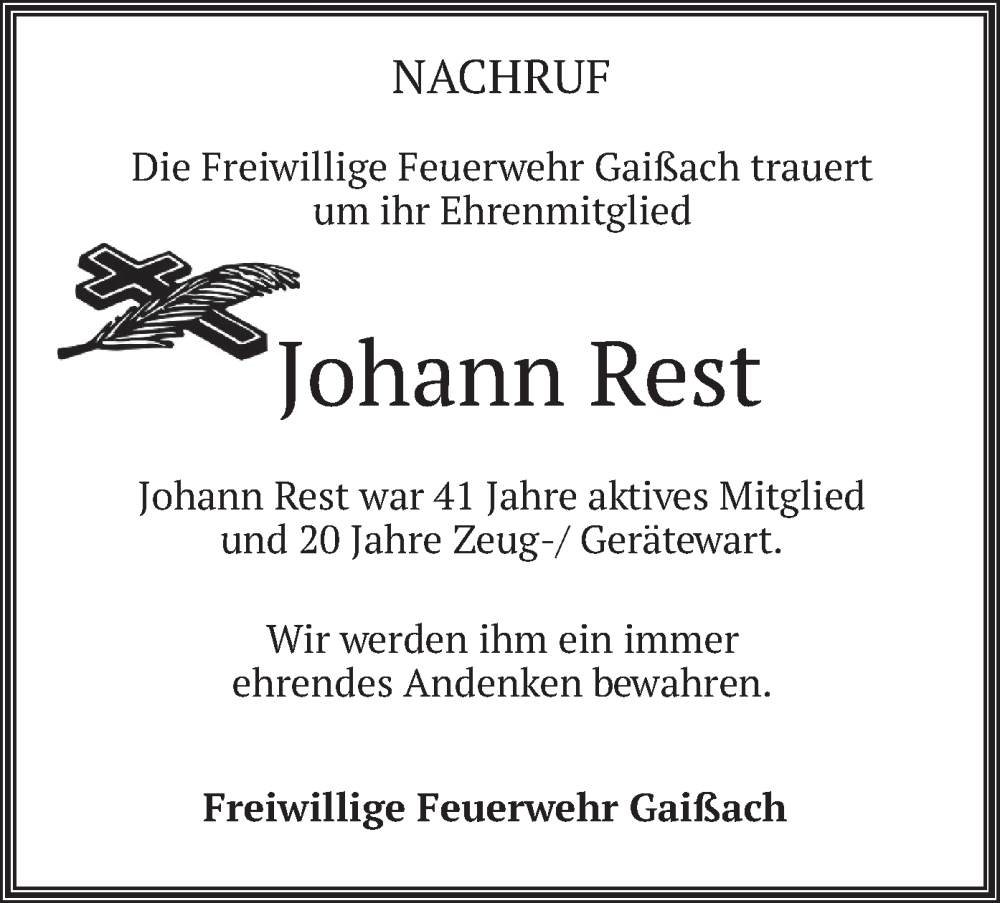  Traueranzeige für Johann Rest vom 02.12.2022 aus merkurtz
