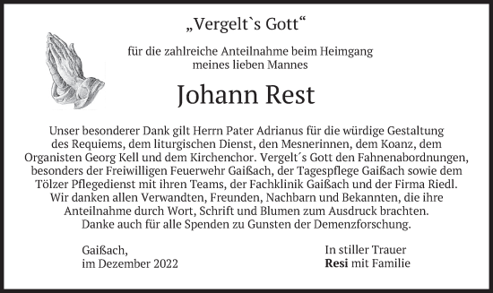 Traueranzeige von Johann Rest von merkurtz