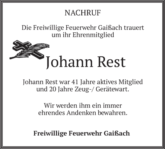 Traueranzeige von Johann Rest von merkurtz