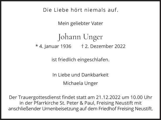 Traueranzeige von Johann Unger von merkurtz