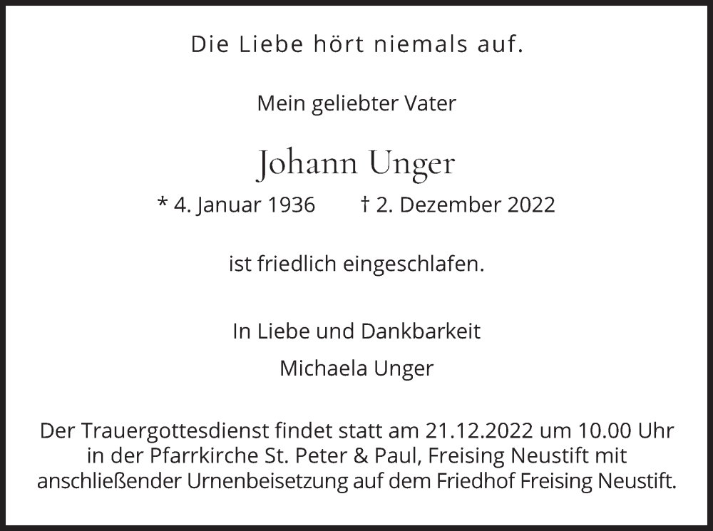  Traueranzeige für Johann Unger vom 20.12.2022 aus merkurtz