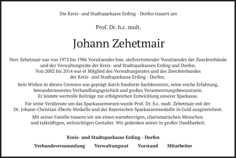 Traueranzeige für Johann Zehetmair vom 01.12.2022 aus merkurtz