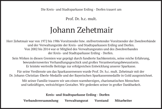 Traueranzeige von Johann Zehetmair von merkurtz