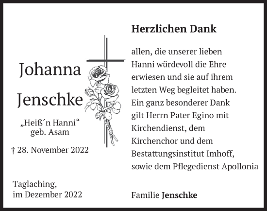 Traueranzeige von Johanna Jenschke von merkurtz