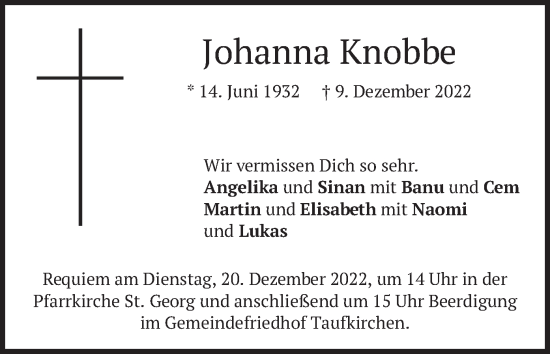 Traueranzeige von Johanna Knobbe von merkurtz