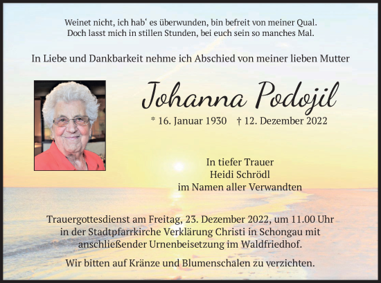 Traueranzeige von Johanna Podojil von merkurtz