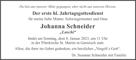Traueranzeige von Johanna Schneider von merkurtz