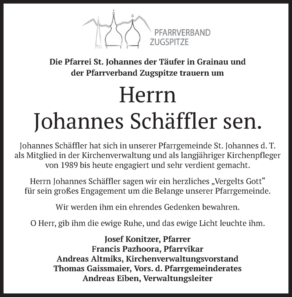  Traueranzeige für Johannes Schäffler vom 22.12.2022 aus merkurtz