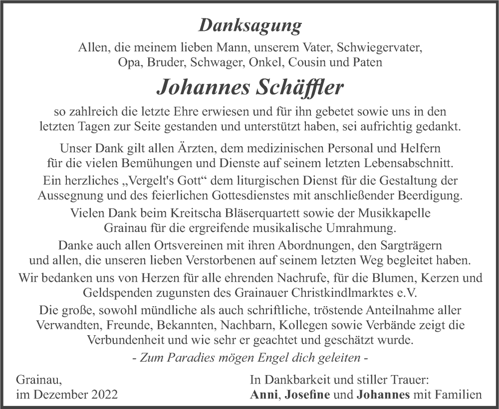  Traueranzeige für Johannes Schäffler vom 31.12.2022 aus merkurtz