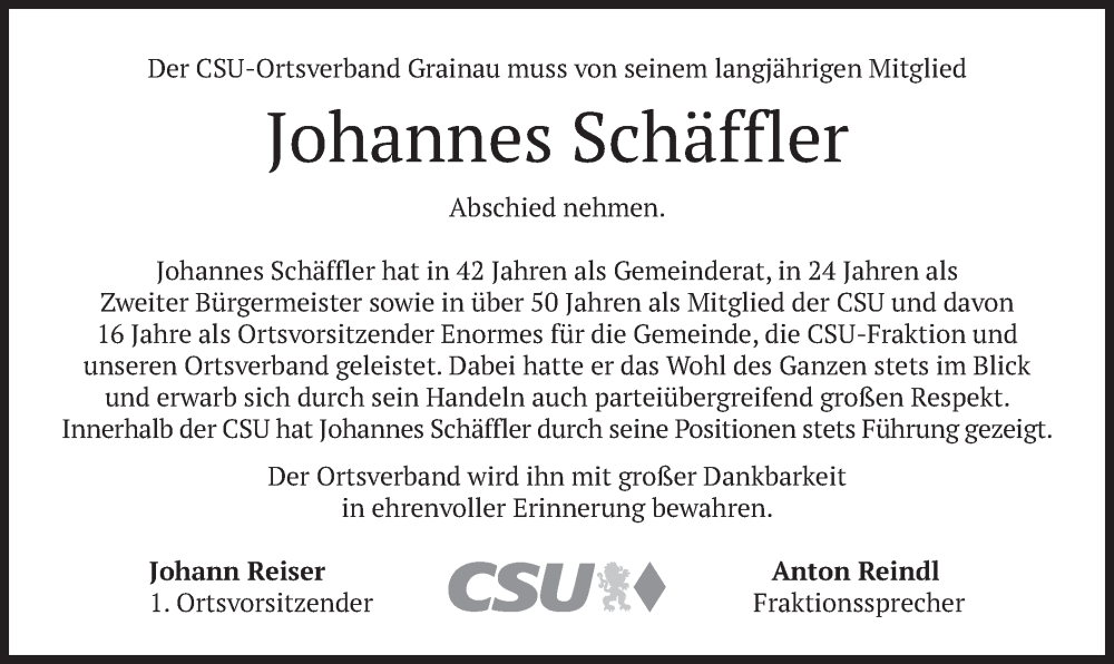  Traueranzeige für Johannes Schäffler vom 22.12.2022 aus merkurtz
