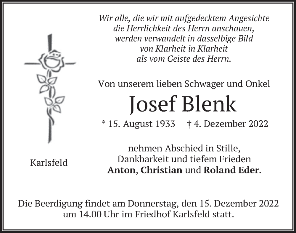  Traueranzeige für Josef Blenk vom 10.12.2022 aus merkurtz
