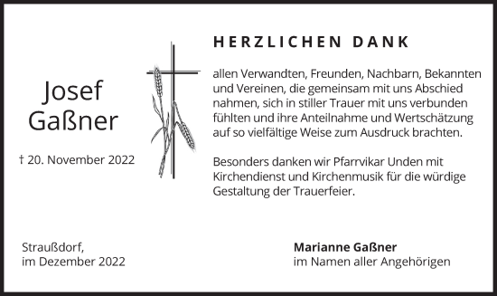 Traueranzeige von Josef Gaßner von merkurtz
