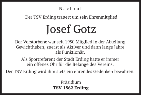 Traueranzeige von Josef Gotz von merkurtz