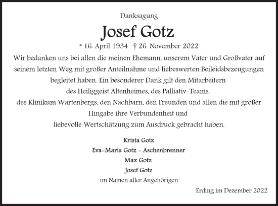 Traueranzeige von Josef Gotz von merkurtz