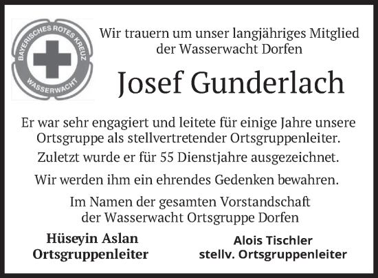 Traueranzeige von Josef Gunderlach von merkurtz