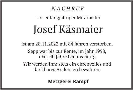 Traueranzeige von Josef Käsmaier von merkurtz